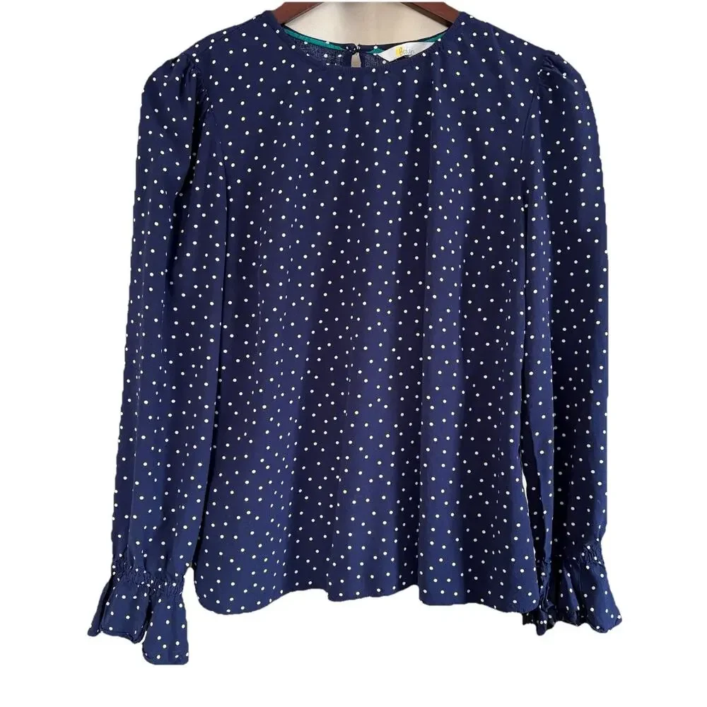 Boden Women's 100% Viscose Navy with White Polka Dot Long Puff Sleeve Blouse